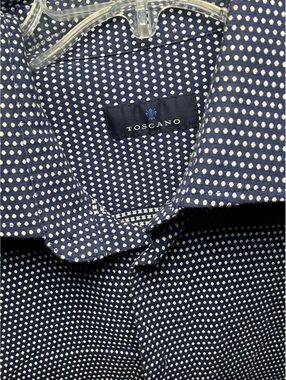 Toscano Men's Navy Blue and White Polka Dot Dress Shirt